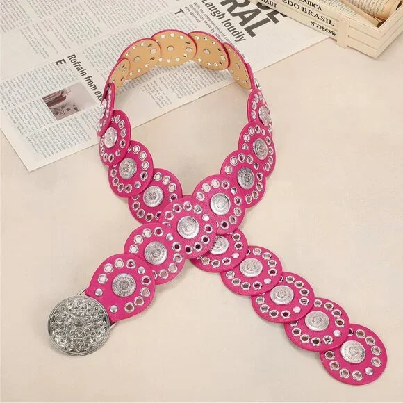 Women Vintage Disc Waist Concho Leather Belt Boho Waist Belt Rose Red Silver